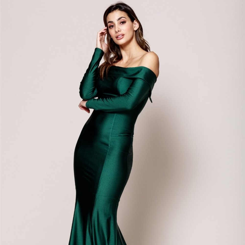 Straight Neck Off Shoulder Evening Dress AC380 - Picture 3 of 4